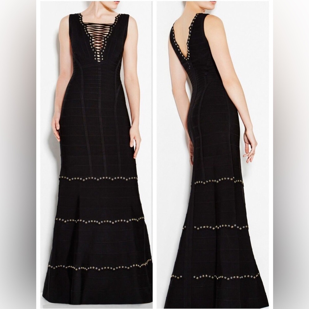 Herve Leger Sleeveless Lace Up Embellished Gown